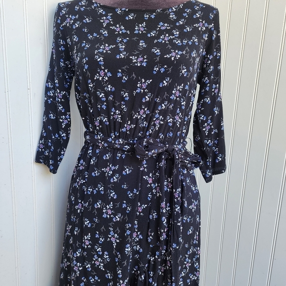 Gap Black Blue Floral Print Faux Wrap 3/4 Sleeve Ladies Dress Ruffle Petite XS - Picture 3 of 14